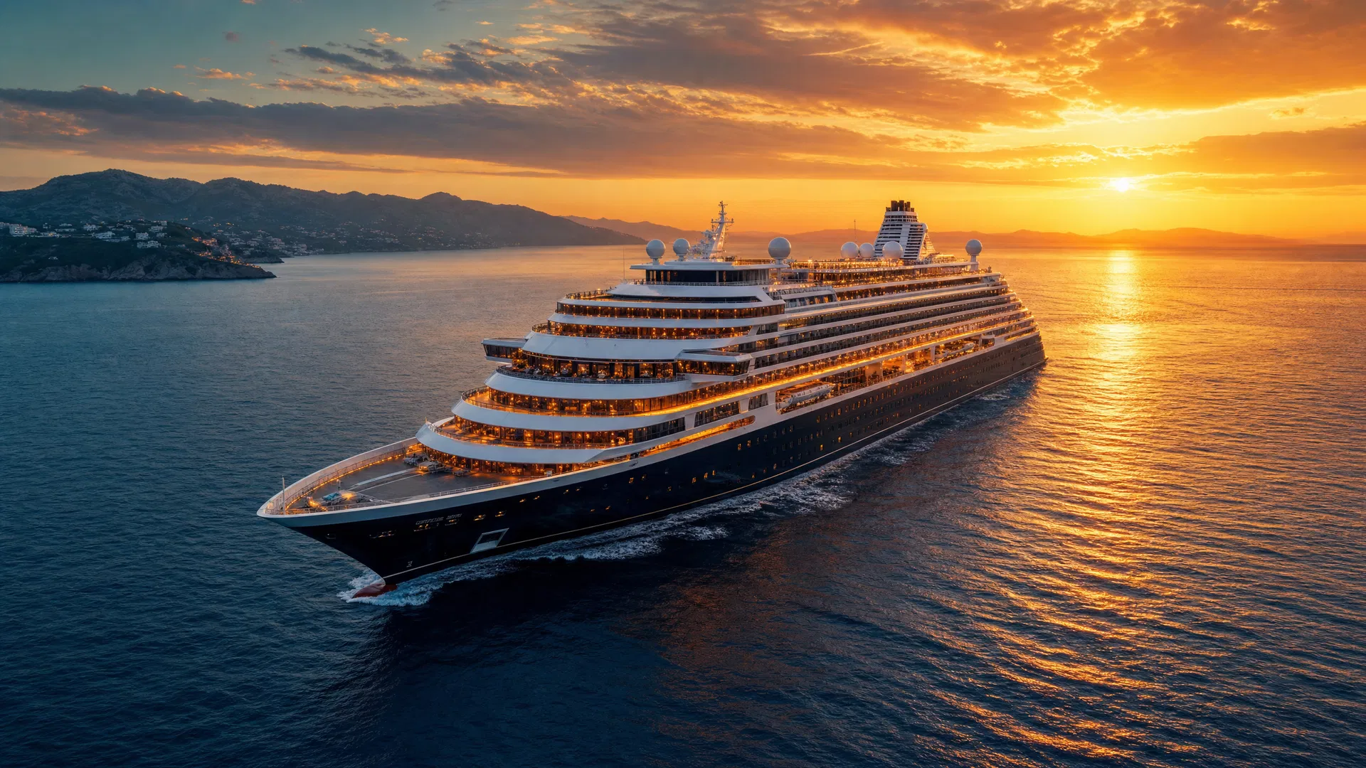 Navire de croisière de luxe au coucher du soleil